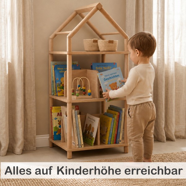 Kinder erreichen Bücher, Puppen und Spielzeug im Montessori Bücherregal selbstständig auf ihrer Höhe.